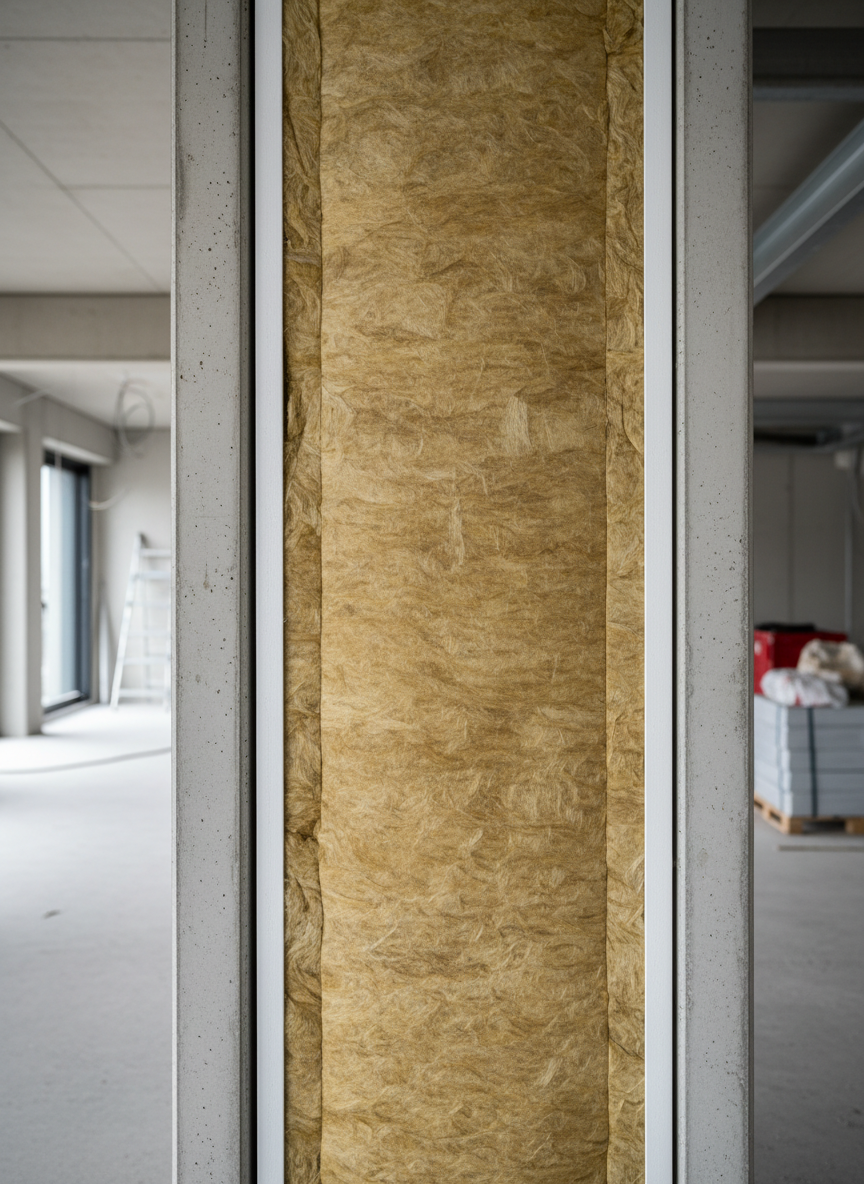 A close-up, photographic realism view of a thick mineral wool insulation layer, its fibrous golden-beige texture neatly installed between smooth grey concrete structural elements. The insulation panels are perfectly aligned, with crisp edges meeting a steel beam coated in white fire-resistant intumescent paint, slightly satin in finish. Neutral daylight from a nearby opening creates soft, even illumination, emphasizing the material’s density and precision. The background fades into a gentle blur of an unfinished building interior, with clean lines and uncluttered surfaces. Shot at eye level with moderate depth of field, the composition is centered and balanced, conveying professionalism, technical reliability, and modern building performance in thermal and passive fire protection.