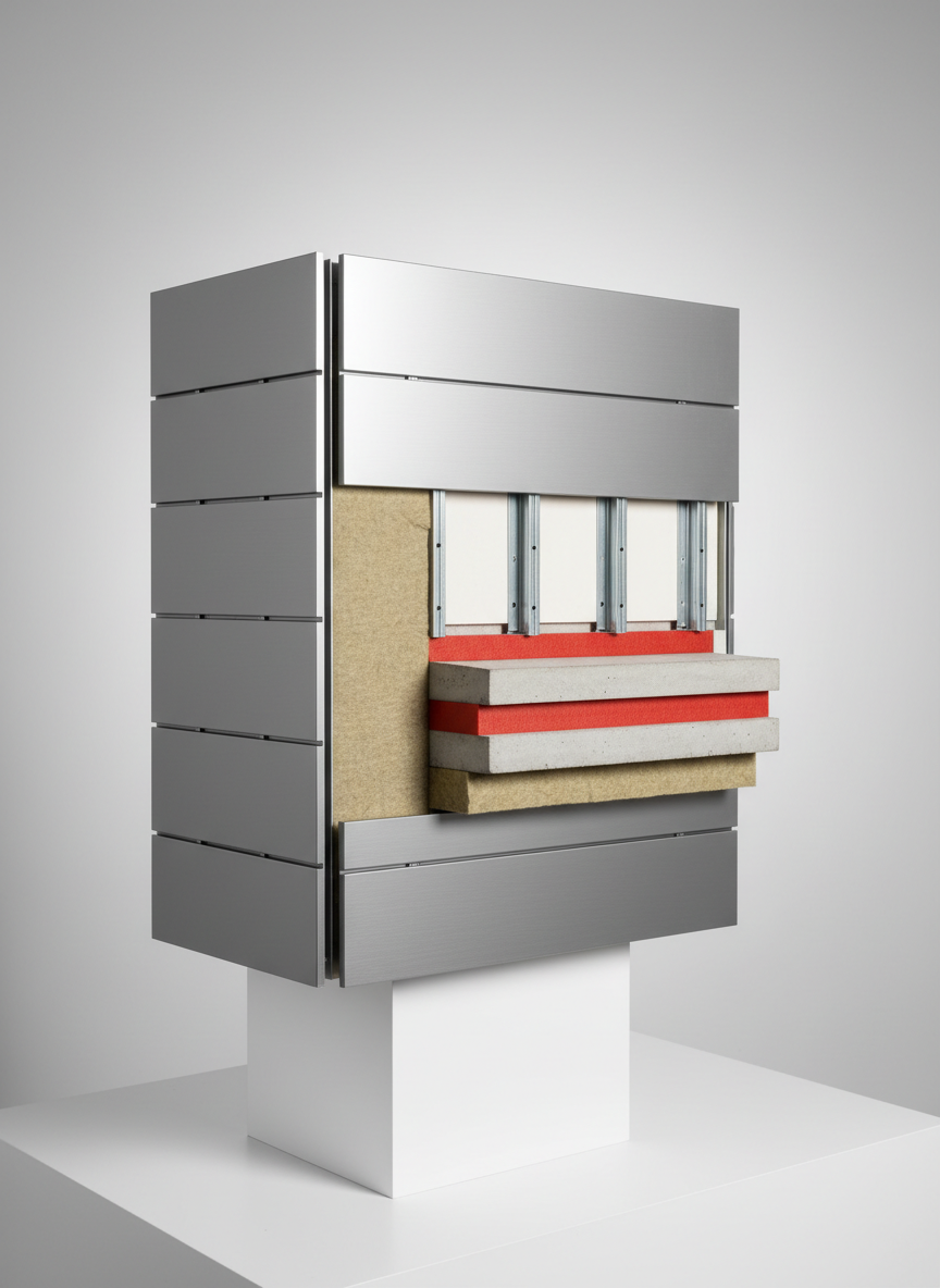 A detailed, photographic realism cross-section view of a building façade mock-up in a controlled workshop setting, showing multiple layers of thermal insulation and passive fire protection. The composition reveals outer cladding panels in neutral metallic grey, beneath them a continuous layer of rigid insulation boards in light beige, then a red fire barrier strip encircling floor levels, and inner gypsum board lining. The mock-up is mounted on a pristine white stand against a softly lit, neutral studio background. Gentle, diffused lighting from both sides eliminates harsh shadows, highlighting each layer’s texture and thickness. Captured from a slightly elevated, frontal angle with sharp focus throughout, the image feels didactic, precise, and technical, ideal for explaining high-performance envelope solutions for residential and commercial buildings.