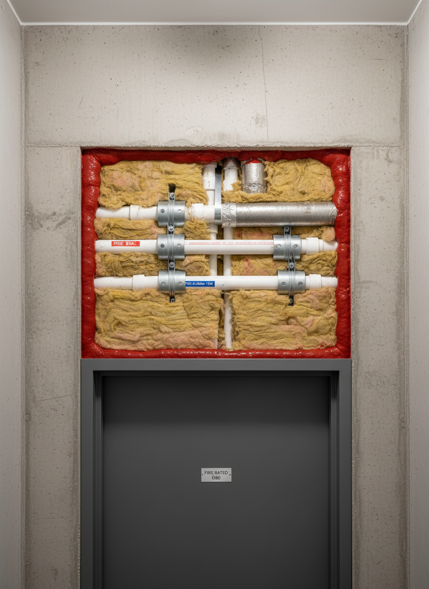 A close, photographic realism view of a building stairwell fire compartment detail, showing a heavy fire-rated door frame integrated into a thick insulated concrete wall. Around the frame, a continuous band of red intumescent fire sealant is visible, cleanly applied between the frame and pale grey fire-resistant plaster. Above the door opening, mineral wool fire-stopping is densely packed around passing service penetrations, with labeled metal collars on plastic pipes. Soft, neutral artificial lighting from above casts gentle shadows, enhancing legibility without drama. Shot at eye level with tight framing and sharp focus, the composition highlights precise workmanship and regulatory compliance, creating a calm, reassuring atmosphere of safety and durability in passive fire protection for multi-residential or public buildings.