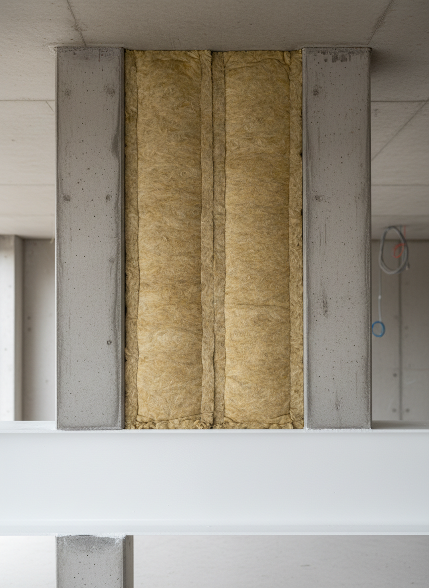 A close-up, photographic realism view of a thick mineral wool insulation layer, its fibrous golden-beige texture neatly installed between smooth grey concrete structural elements. The insulation panels are perfectly aligned, with crisp edges meeting a steel beam coated in white fire-resistant intumescent paint, slightly satin in finish. Neutral daylight from a nearby opening creates soft, even illumination, emphasizing the material’s density and precision. The background fades into a gentle blur of an unfinished building interior, with clean lines and uncluttered surfaces. Shot at eye level with moderate depth of field, the composition is centered and balanced, conveying professionalism, technical reliability, and modern building performance in thermal and passive fire protection.