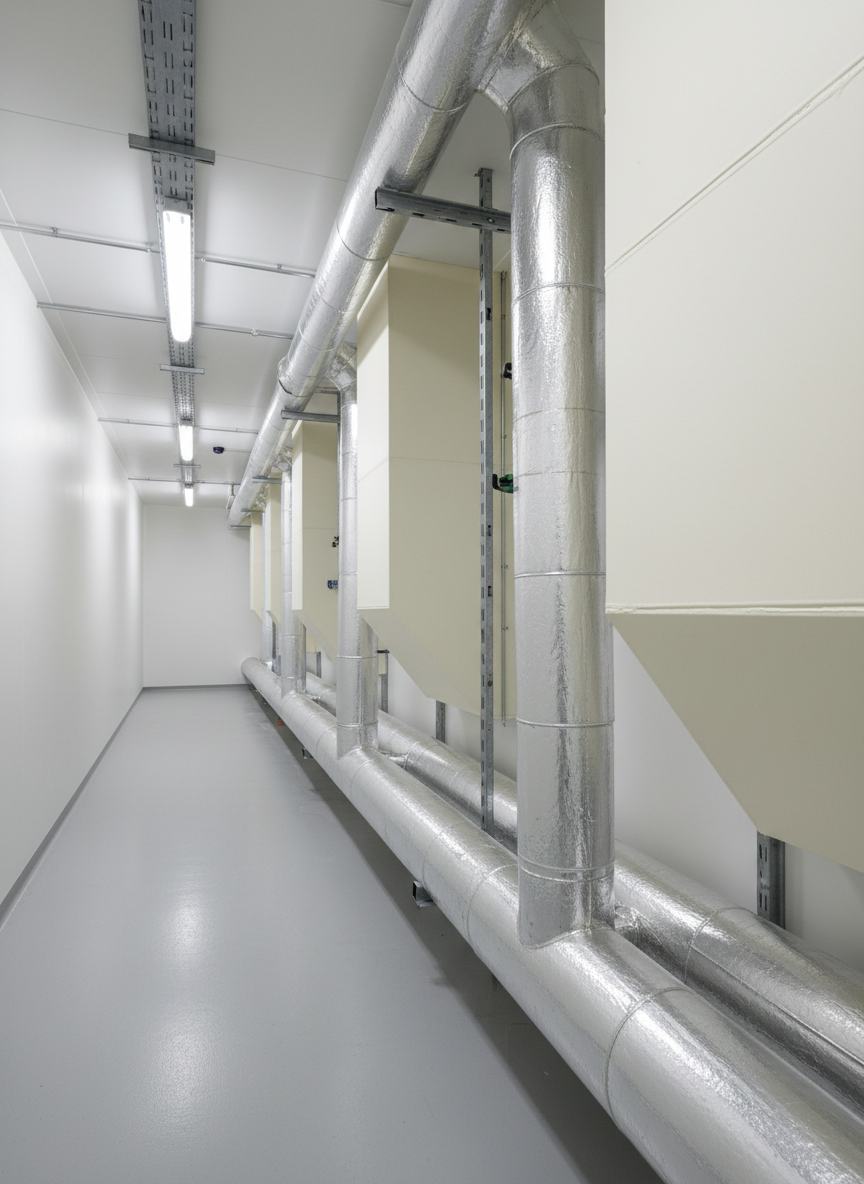 A pristine technical plant room in photographic realism, with insulated pipework and fire-protected cable trays running neatly along white painted walls. The pipes are wrapped in silver-grey foil-faced insulation with perfectly aligned seams, while rectangular ductwork features thick, cream-colored fire-resistant casings with smooth surfaces and crisp corners. Cool, uniform LED ceiling lighting creates subtle reflections on metallic surfaces and soft shadows beneath the installations, emphasizing order and clarity. The camera is placed at a three-quarter angle, mid-height, revealing depth as lines of services recede into the distance. The mood is highly organized, safe, and reliable, showcasing professional installation of thermal insulation and passive fire protection in an industrial or tertiary technical environment.